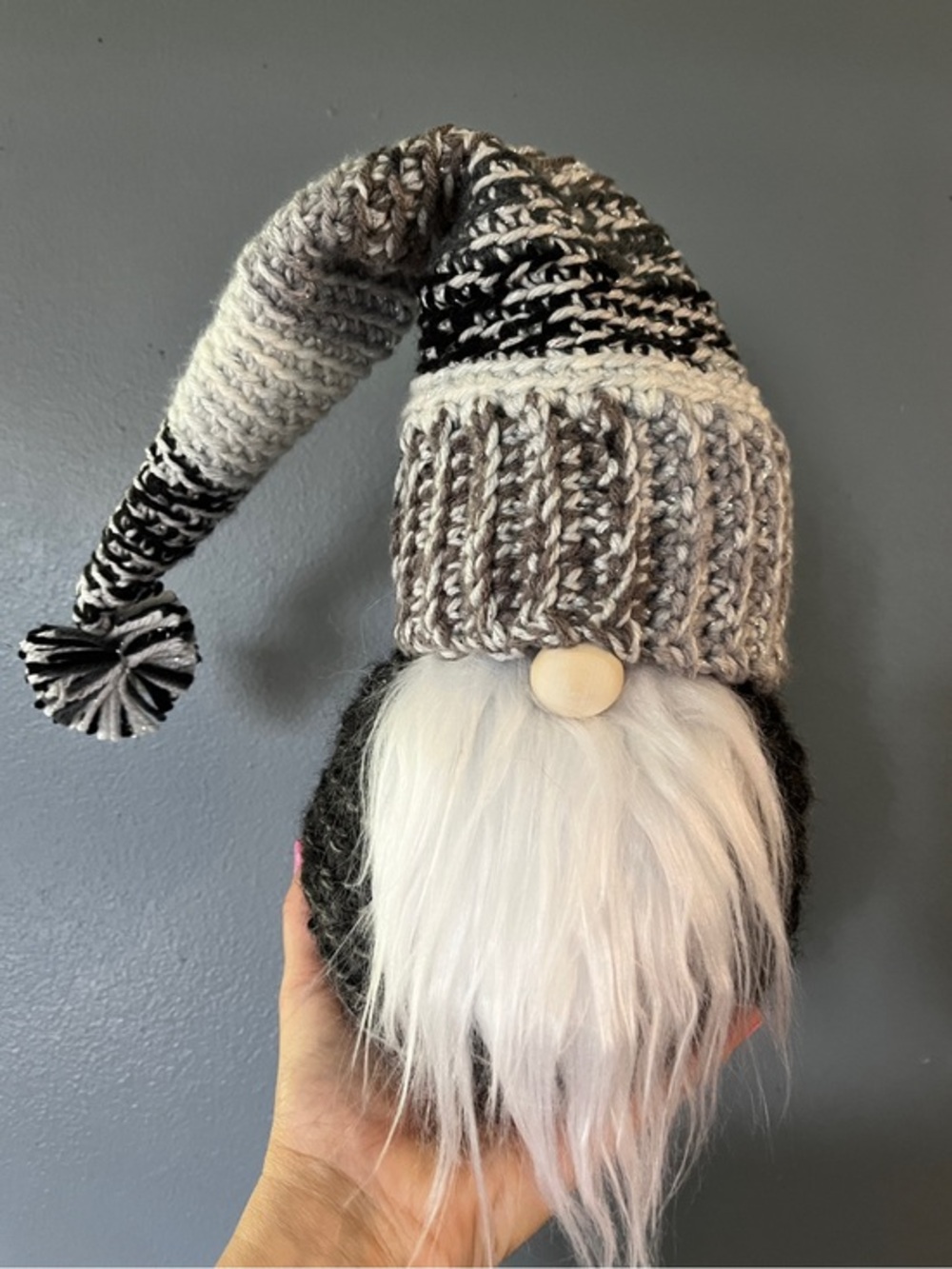 Handmade Crocheted Gnome, gray/black/white